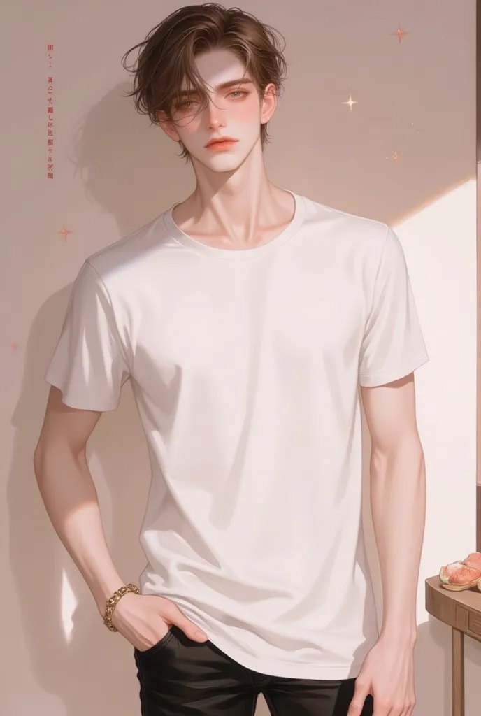 Beautiful gentle man in an animated illustration、 beautiful and handsome 、  bright background  、hope、good night、 lean muscle 、light、 expressionlessで睨む、僕は君をgood nightしてるよ、20 years old、 expressionless、light brown short hair、  tidy hair  、 Porter-centered、lig...