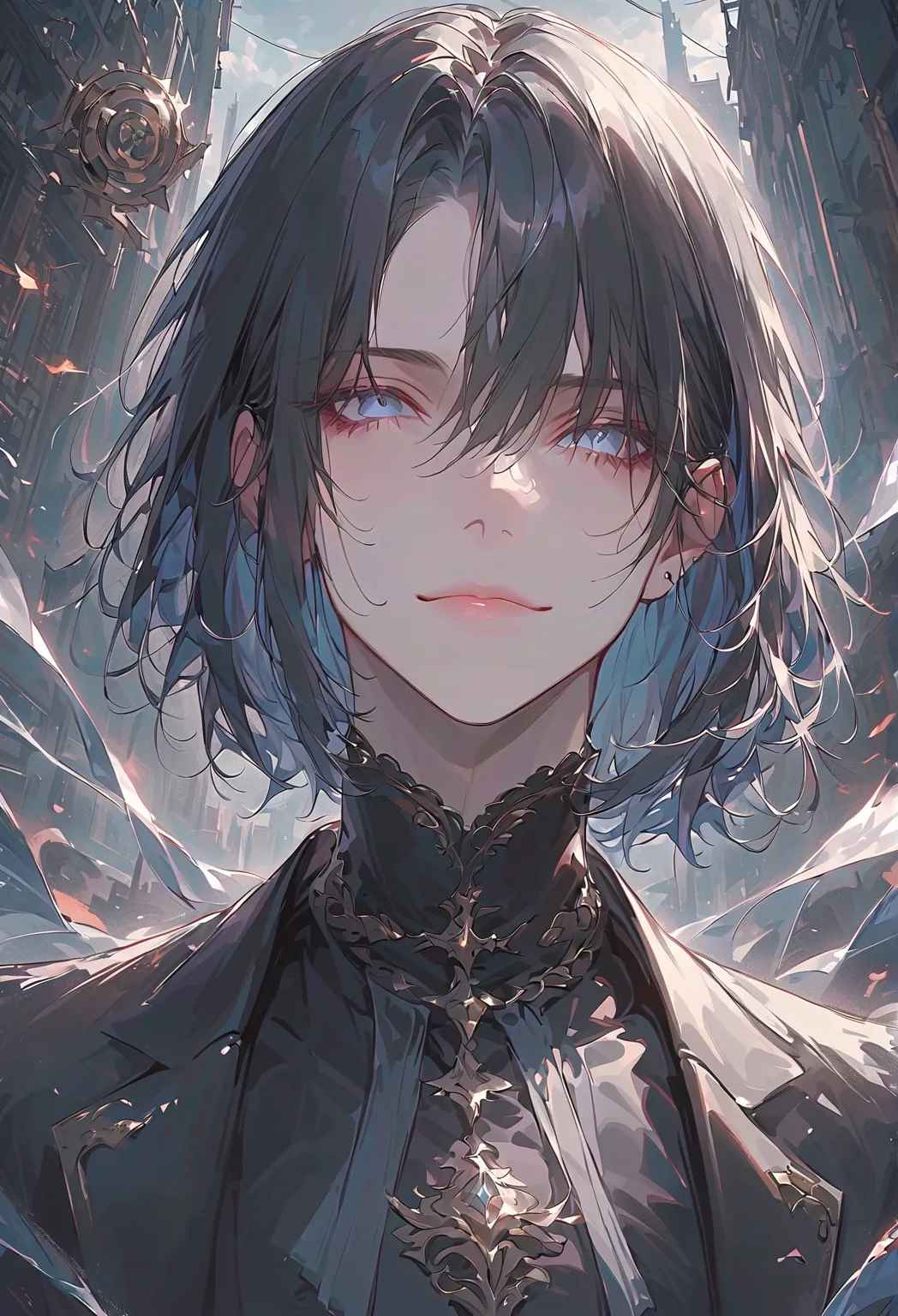  masterpiece,1 male, handsome, black hair, Straight hair、  short hair ,  and was in danger ,  light blue eyes,Smile with your eyes, shut her mouth,  black suit ,  black dress shirt  , Upper body,  article , Summoners, Apocalypse City Background, Summoner