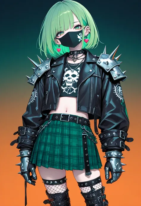 masterpiece, best quality, good quality, very awa, newest, highres, absurdres, 1girl, solo, looking at viewer, short hair, skirt, thighhighs, navel, closed mouth, jewelry, jacket, earrings, pleated skirt, green hair, belt, midriff, armor, black jacket, pla...