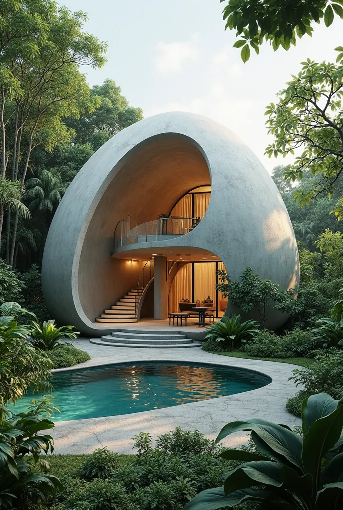 The modern house, in the shape of an egg, cement, a tropical forest, A small staircase, a circular pool,  Lots of plants ,sky , a large garden 