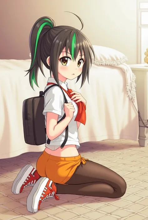 (score_9, score_8_up, score_7_up), 1girl, solo, eyes open, big eyes, cute face, ponytail, black hair, green streak in hair, 18 years old, bangs, petite, small breasts, white shirt, orange tie, backpack, red glove, orange shorts, leggings, sneakers, detaile...