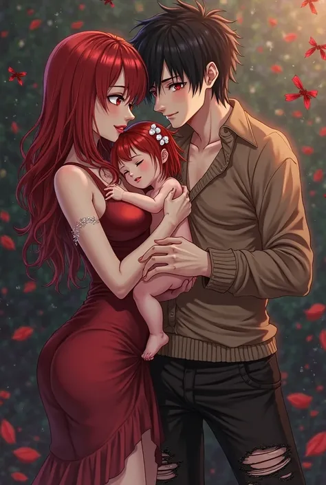 Make an anime of a woman with blood red hair,  hourglass body (medium round ass ,  medium breasts and thin waist ), wearing a short and tight red dress. And his emo vampire boyfriend is on the side, He wears ripped black pants, brown sweatshirt, he has red...