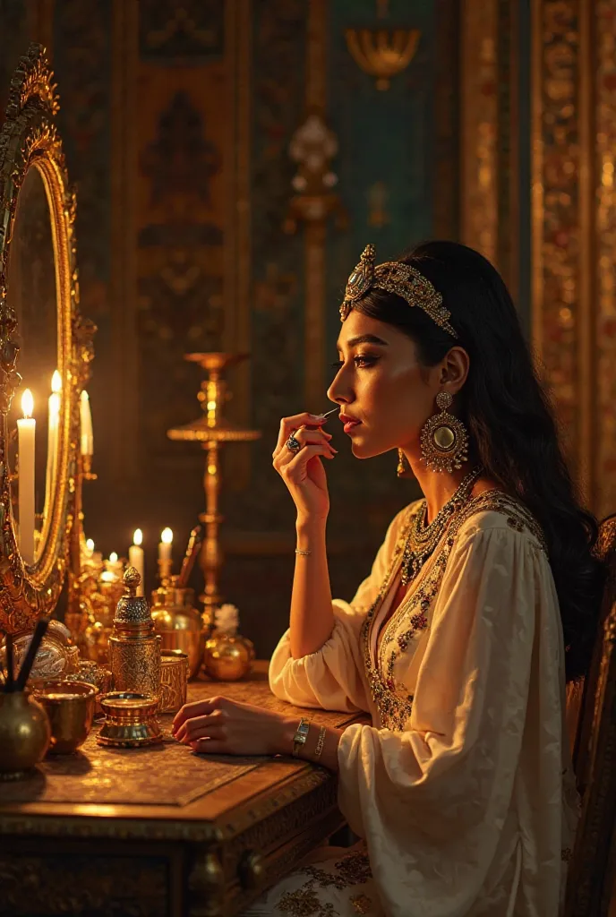 Cleopatra, the legendary Egyptian queen, sits gracefully at an ornate vanity table, applying her iconic black kohl eyeliner with precision. Her expression is calm, focused, and confident as she enhances her captivating gaze. The dim candlelight flickers, c...