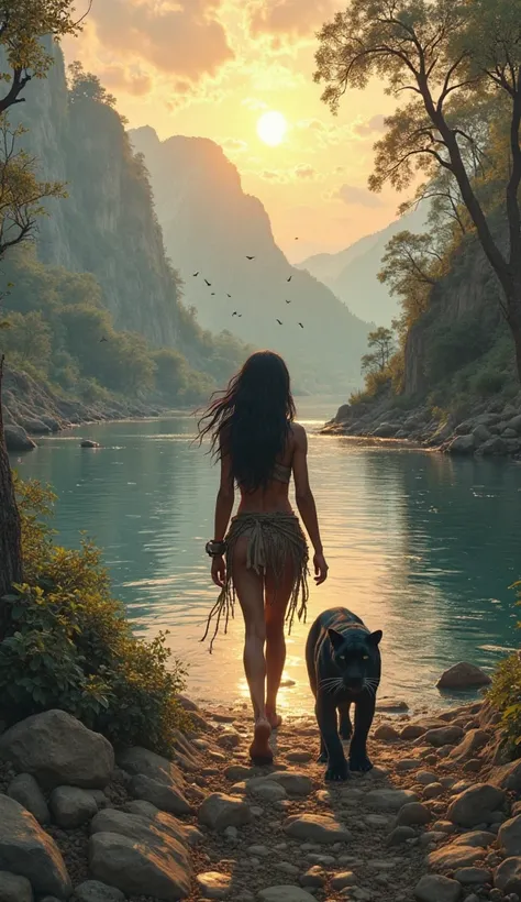 Create a realistic image. A 15-year-old dark-skinned Amazon warrior girl walks forward, covered only by a small loincloth and uncovered above, she walks along the banks of the mighty river, closely accompanied by a large black panther, in the distance her ...