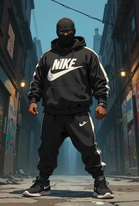 A 2d animated image of a black British roadman with balaclava mask and nike outfit