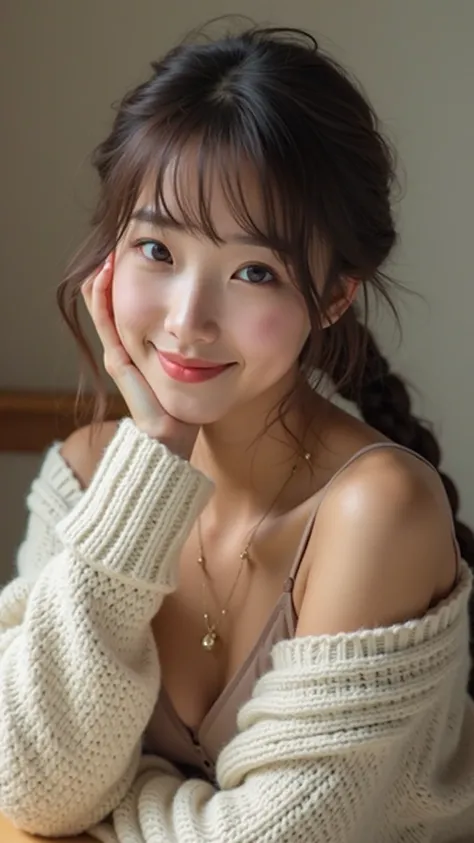 A sweet Japanese girl with long, braided hair, resting her chin on her palm while looking at the camera with a gentle smile. Her oversized sweater reveals hints of her décolletage in a tiny bralette underneath and soft lighting make her look extra cozy and...