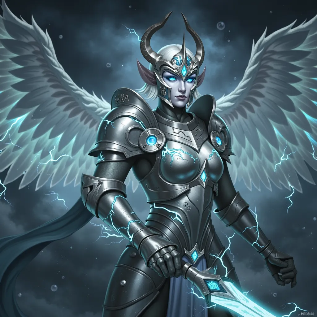 A celestial warrior, Vaelis, the Radiant Titan, daughter of the storm god, depicted in a close-up view with an imposing yet elegant presence. She wears sleek silver and storm-blue armor, seamlessly adorned with glowing veins of crackling lightning and intr...