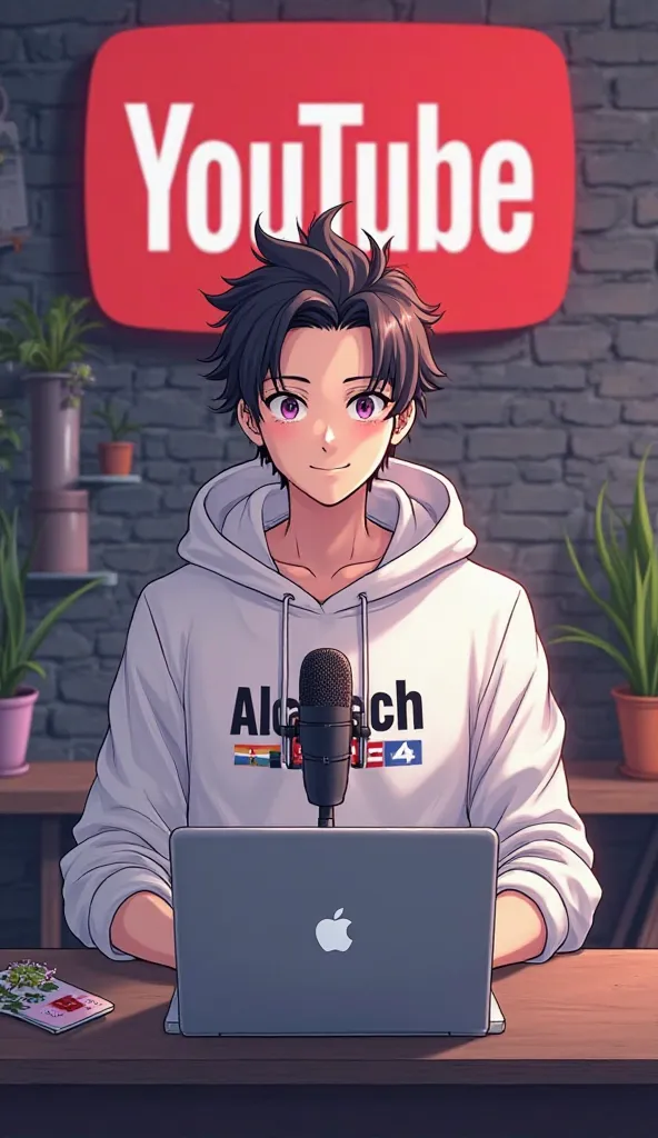 Create a image of "A 18 years anime boy, sitting in front of a computer desk with a microphone and laptop, wearing white hoodie with the Channel Name on it "Sonu Tech,and smiling face and upper stylish hair The background includes a large YOUTUBE logo on t...