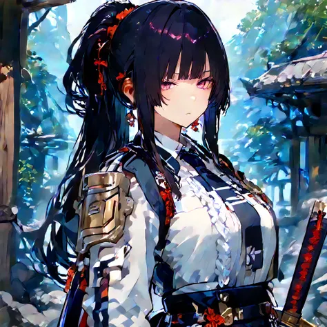 A girl with black hair and a ponytail. She wears a black sailor-like outfit. She looks cool. She is tall and has thin chest and waist. She fights with a sword. , ruin , 姫カット , Hime cut