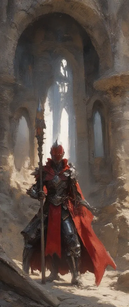 Grand Spear. Hand Spear. Big boom. Knight's Spear. Estilo Rune Factory 5. ( ( gun concept art) ). jRPG weapon art. gray. Ates half brown. In the Hand of a Knight. Knight in Red Armor. Scarlet Metal Armor. in a castle.