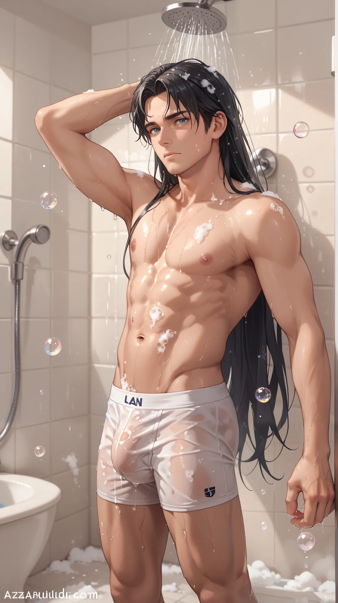 1man, male, lean build, very long black hair, long hair, shoulder length, grey eyes, tall, wearing very loose white boxer briefs, bulge, many bubbles, many foam, showering, whole bathroom covered with bubbles and foam, absurdres, ultradetail, dynamic pose,...