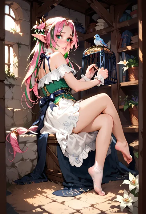 1 girl,cage,Alone,pointed ears,underwear,panties,knee-high,watching viewers, multicolor hair,gradation hair,Elf,teeth, dress,long hair,birdcage,feet, Gold,flower, sole ,bangs,pink hair, No Shoes ,HAIR ACCESSORY,  Hair Flower,white knee-high, bare shoulders...