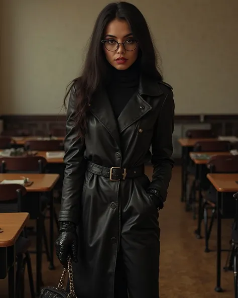 Maghreb arab girl black dark straight hair black long leather trench coat close belt or button leather black leather pants leather gloves wearing leather high heels boots wearing  leather catsuit wearing cute glasses full make up red lips Blush smirk holdi...