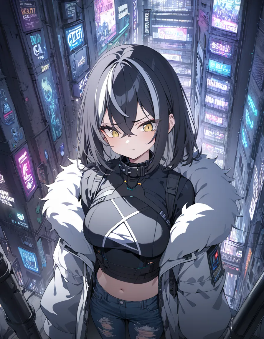 Highest quality, masterpiece,high resolution,1girl  ,alone,annoyed,gripping iron pipe,black hair, (highlights hair,gray  streaked hair),crossed bangs,((fur coat)),Black collar short sleeved shirt,ripped jeans,cyberpunk,Cybercity,cool,顔に汚れ,Damage Uniform,fr...