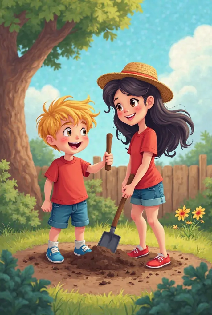 Cartoon-style illustration, showing a wavy haired blond boy and a smiling dark-haired brunette digging in a backyard. he wears a red t-shirt,  blue shorts and a straw hat . with a shovel in hand, the boy is digging a small hole in the ground, where it is p...