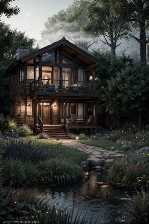 Create a tranquil lakeside cabin scene in a dense misty forest. The mood should be one of mystery and calm, with the cabin's lights softly glowing through the mist