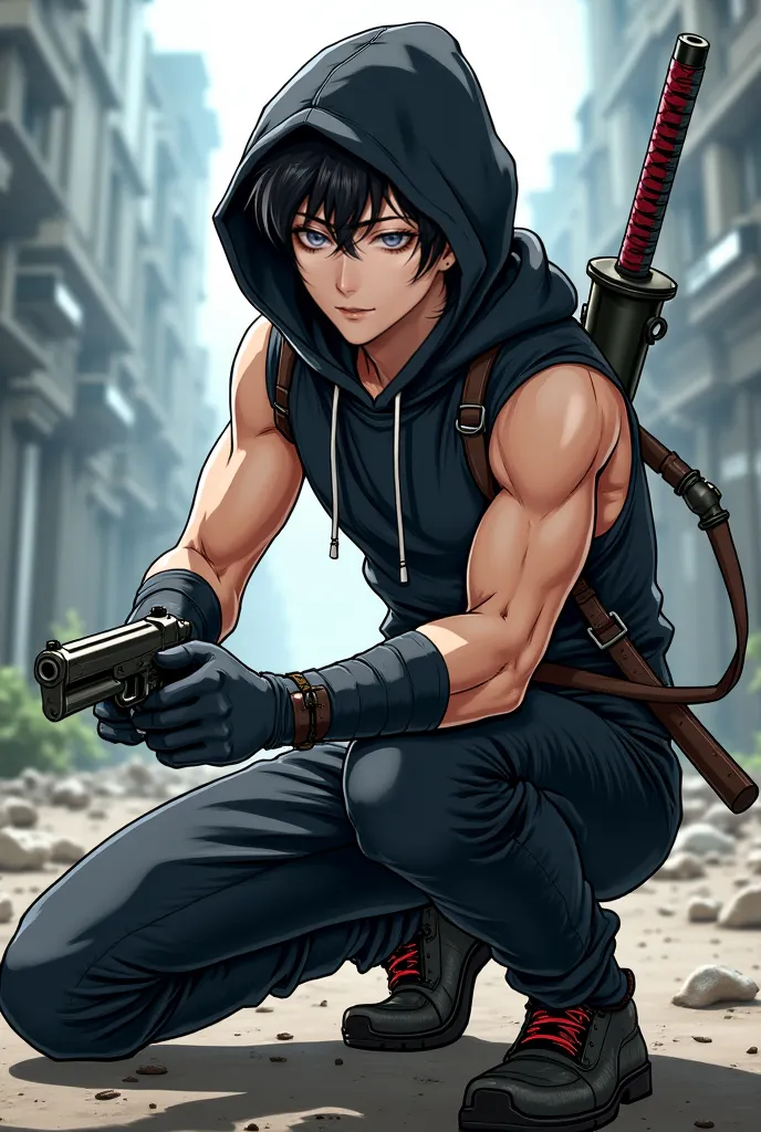 Handsome young Japanese adventurer wearing a black hooded sleeveless shirt, black trousers with a sword on his back, holding a pair of pistols, sitting on one knee, anime style