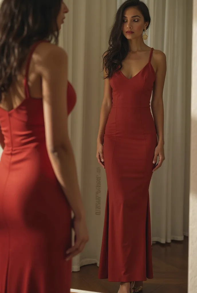 She's in front of the mirror, adjusting the last details. The dress embraces your curves just the right size, valuing her silhouette without exaggeration.  The fabric glides smoothly over her skin , and she feels the freshness of the freshly applied perfum...