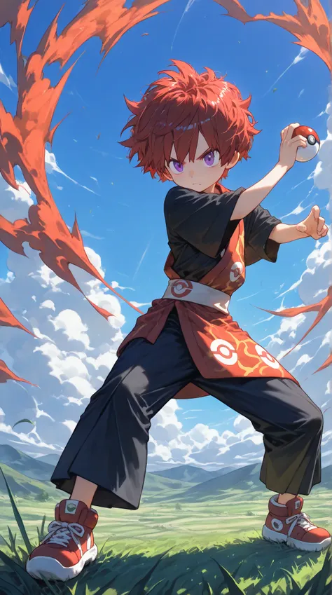 (Rulax: (solo, man), red hair, short hair, messy hair, frown, battle pose, purple eyes, red yukata, black shirt, oversized black pants, red sneakers, male focus, 1man),((ysdszht,)), holding a pokeball, ready stance, adventure field, grass field, blue sky, ...