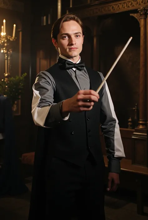 Man, 20y, brown hair, mage, handsome, harry potter world, taller, elegant, stylish clothes, with white wand, simple and elegant wand, 16k, cinematic, kodak film style, uhd, perfect image