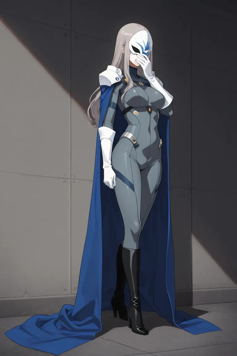 high resolution, masterpiece, necessary, detail, best quality, quality, necessary, details, High details, Precise, 
 
1girl_ ufotable style, ufotable anime

(Solo) faceless, mask covering face, white mask with black eyes, grey hair, long hair, blue long ca...