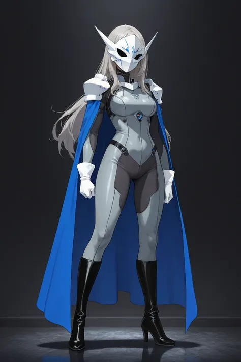 high resolution, masterpiece, necessary, detail, best quality, quality, necessary, details, High details, Precise, 
 
1girl_ ufotable style, ufotable anime

(Solo) faceless, mask covering face, white mask with black eyes, grey hair, long hair, blue long ca...