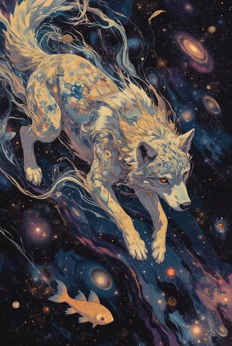 Illustration of a giant wolf swimming in space, A background of galaxies and stars々、Draw a planet,Emphasise the impression that the whale is swimming in space,A background of colourful nebulae and meteor showers,A fantastical and enchanting space painting,...