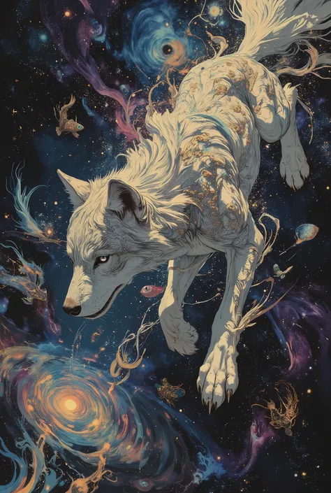 Illustration of a giant wolf swimming in space, A background of galaxies and stars々、Draw a planet,Emphasise the impression that the whale is swimming in space,A background of colourful nebulae and meteor showers,A fantastical and enchanting space painting,...