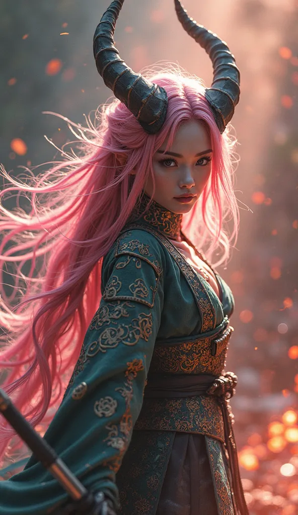 (Highest quality,4K,8k,High Resolution,masterpiece:1.2), 超High Resolution, (realistic,photorealistic,photo-realistic:1.37), terrifying pale pink demon girl with the appearance of a  samurai, Has a Beautiful Face and Slender Body, has a sword. Satanic,  sam...