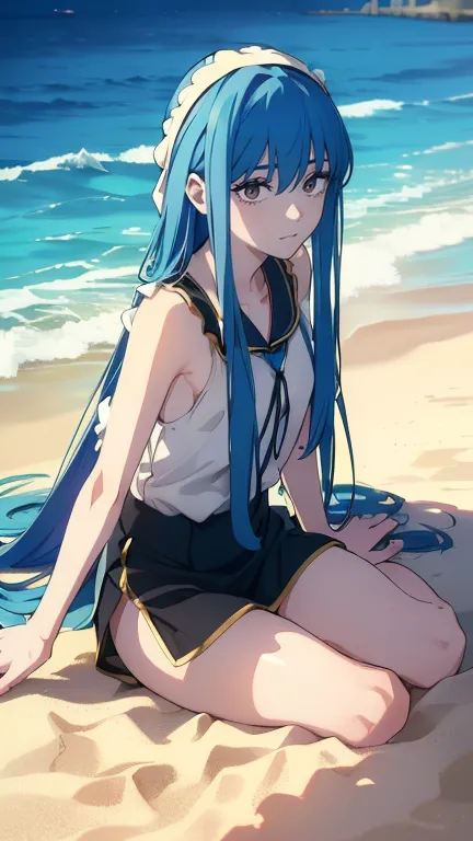 ((((masterpiece,   Highest quality ,  Ultra High Definition)))),   ((南国のon the beach))1 girl, (((blue super long hair-と，I'm wearing a C-shaped headband, an accessory to hold down the hair, and a headband，Blue hair that extends to about the knee)))、 (   bla...