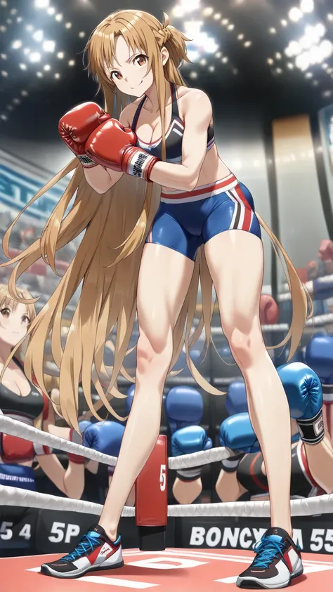 aaasuna, long hair, brown hair, braid, brown eyes, 1girl:2,  solo:2, Detailed eyes, (sports bra:1.5, sports very short spats:1.5, wearing boxing glove, thigh, cleavage, long legs, medium breast:1.5), Perfect body, smirk, Detailed eyes, Detailed face, (full...