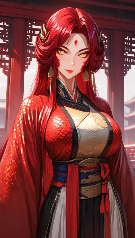 A Red hair Female(Red snake scales on her cheeks), No headdress, Perfect body, (Golden eyes with Snake pupils), Wearing A Red and White Taoist robe with Snake scale pattern, Open pose, seductive smile,In a Chinese palace, UHD, SOLO, anatomically correct, m...