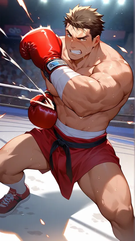 nsfw, full body, highres, masterpiece, upper_body, looking_at_viewer, solo, mature_male, 1boy, muscular, bara, tall, (brown_eyes:1.5), short_hair, dark_brown_hair, sweat, bandages, boxing_gloves, fighter, scarred_body, determined_look, punching_pose, actio...