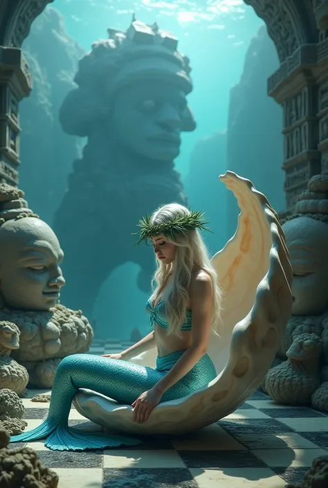 Mermaid with blue tail laurel wreath sexy posture sitting in a seashell Amazon dress playing chess on giant Olmec heads and a typhoon monster 