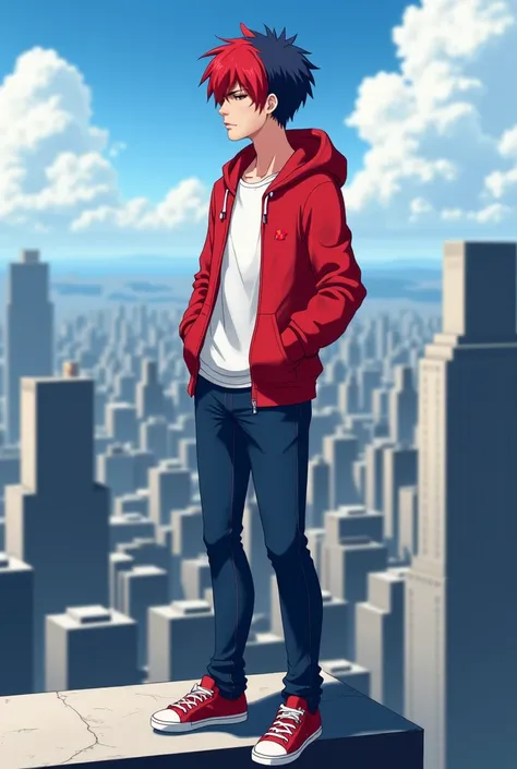 A young adult, 22 years old, down hair, hair color: left side is red and right side is dark blue, heterochromatic eyes: right eyes is blue and left eis red, moderate musculature, standing on top of top of a building looking down at the city, light red hood...