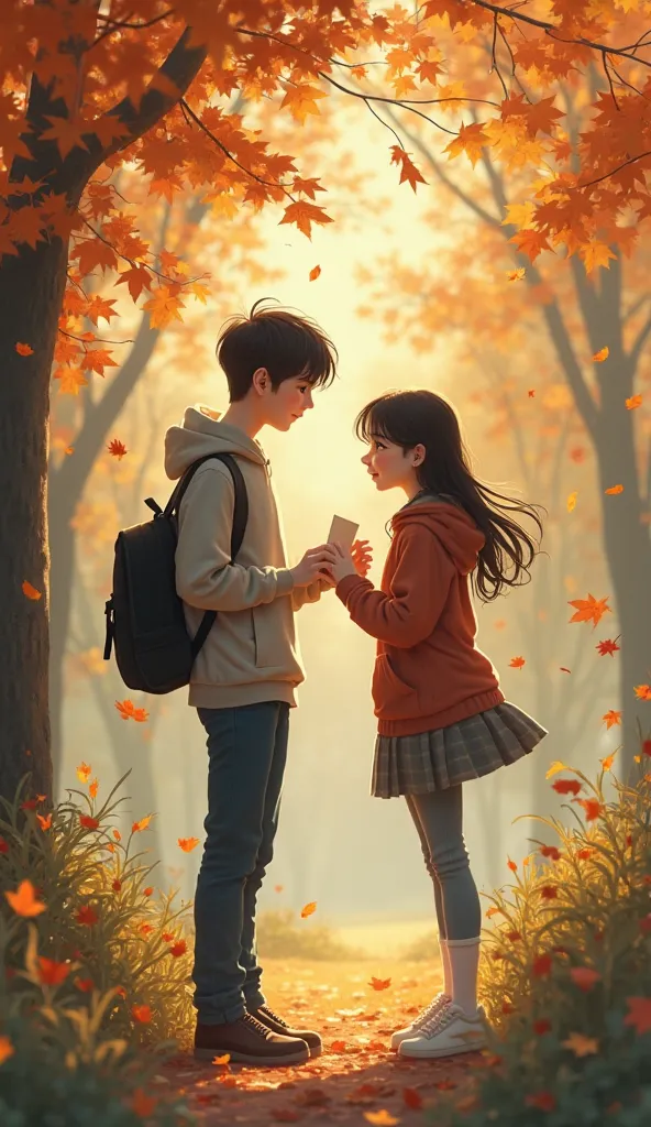 A young couple standing in a park during autumn, leaves swirling around them. One of them is holding a letter the girl must look shy 