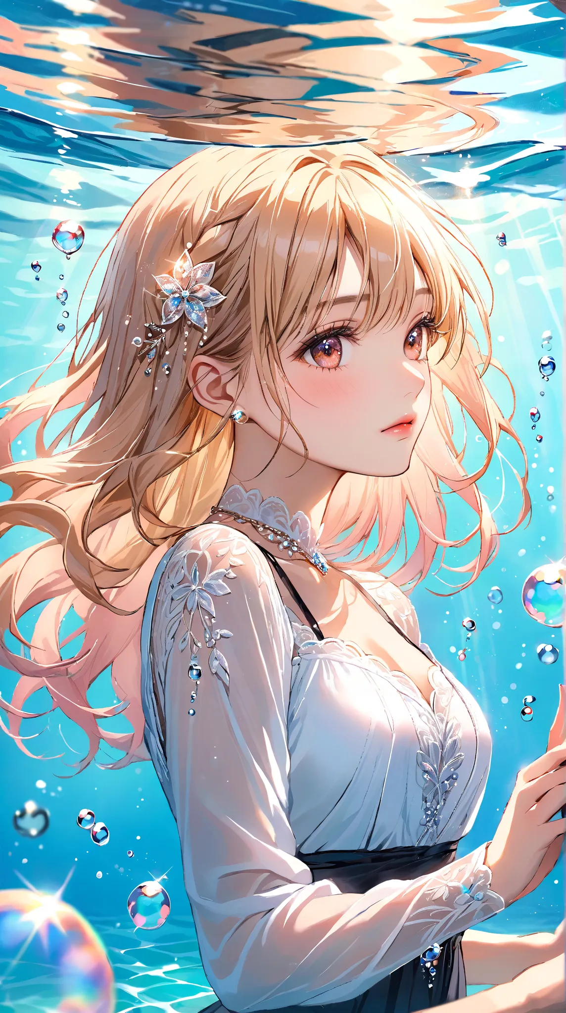 An elegant 25-year-old woman moves gracefully under the water，wears a light pink lace set。Her soft blonde hair floats with her detailed dark brown eyes，exudes a calm air in the calm water，Bubbles float around，Sparkling in the calm water。 