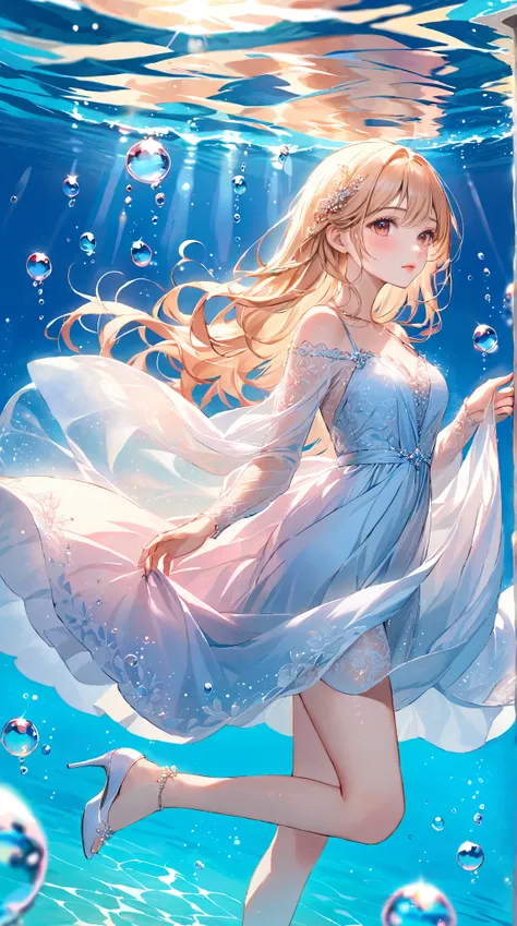 An elegant 25-year-old woman moves gracefully under the water，wears a light pink lace set。Her soft blonde hair floats with her detailed dark brown eyes，exudes a calm air in the calm water，Bubbles float around，Sparkling in the calm water。 