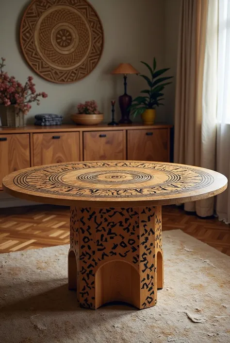 A circular table that can accommodate a family with African patterns and a drawer with a fairly complex shape at the bottom