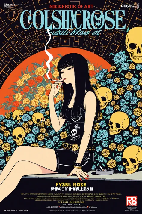  flat color, gyaru, cool beauty, black hair, slender body, half-closed eyes, rest, japan exotic fashion, cajino motif room, feet out of frame, smoking, cigarette, movie poster, geometric  art, upper  body, background skull and roses art, 1ashtray,