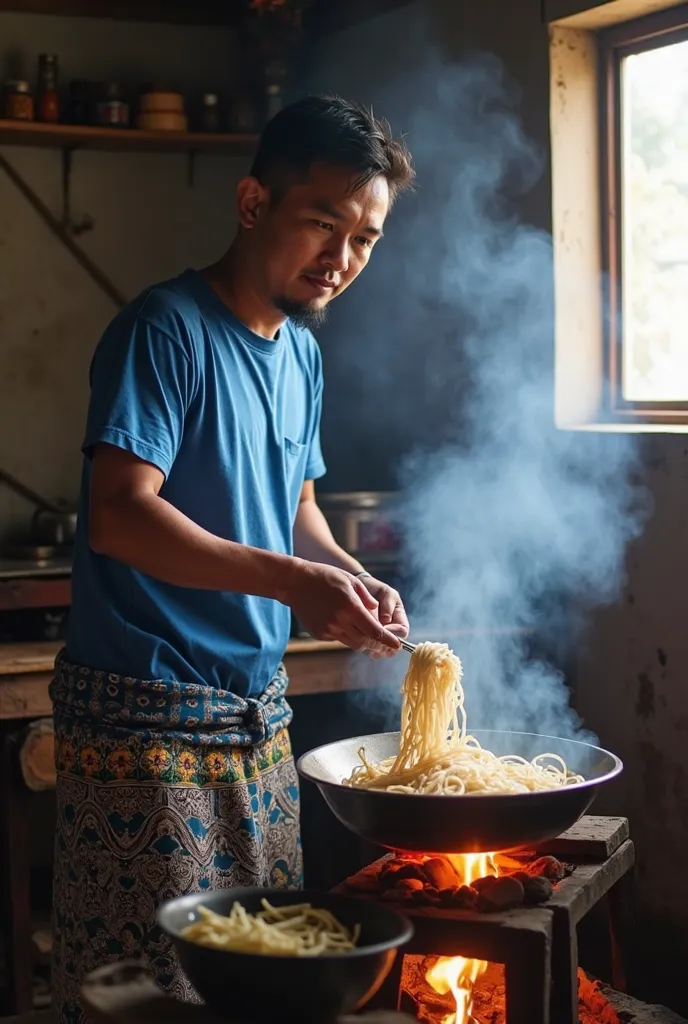 photography close up (masterpiece, best quality) one young a malay man ,wearing blue t shirt and batik dhoti ,look is cooking noodle on wajan with wood stove fire,on floor dari tanah, in traditional kitchen with bamboes wall,with sunglight come from genten...