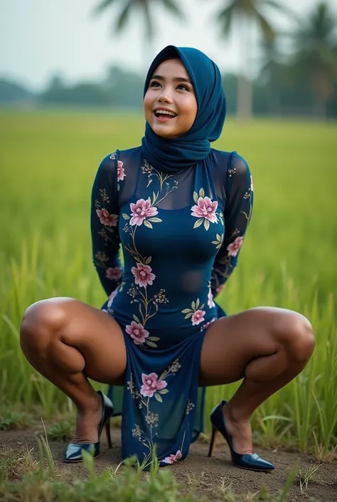 (Muscle bodybuilder), SQUATTING HIGHHEELS SLIP OFF,  "Facial expression in Happy Orgasm", Wearing flora print hijab, Skinny hijab skinny hijab skinny hijab skinny hijab, (photorealistic:1.6) background rice paddy. daytime atmosphere, don't put any rope! fl...