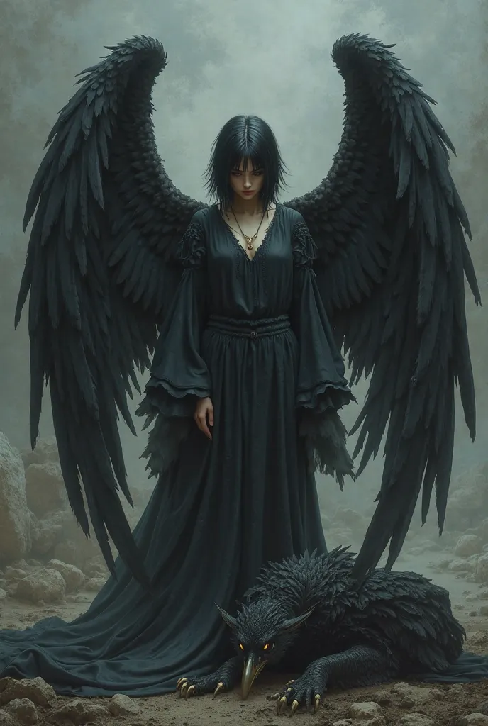 Draw an angel with black wings and short hair embracing with her wings, a dead griffin on the floor, She cried with regretful sadness 