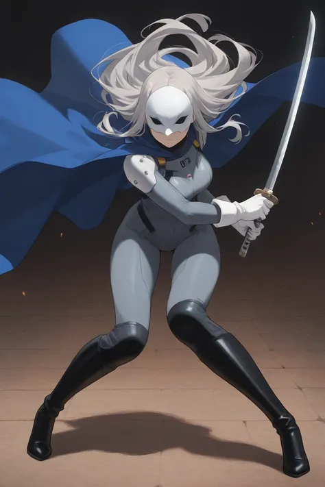 high resolution, masterpiece, necessary, detail, best quality, quality, necessary, details, High details, Precise, 
 
1girl_ ufotable style, ufotable anime

(Solo) faceless, mask covered face, white mask with black eyes, grey hair, long hair, blue long cap...