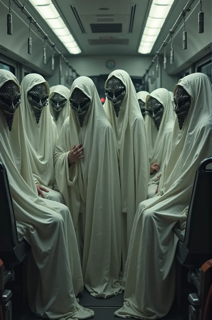 Group of masked and hooded people wearing tiles and whites inside the bus 