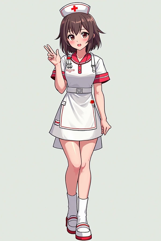 một người phụ nữ mặc  nurse uniform  đang đứng với đôi tay dang rộng, Pixel art lấy cảm hứng từ Tsubasa Nakai, PIXIV, Pixel art , nurse,  nurse uniform ,  anime style Ecchi , hints at yyoi kusama, makoto shinka , half-body,  ahegao, anime barbie wearing wh...