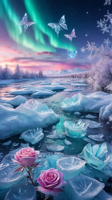 Ice Land、Ice Rose、Seven Colored Ice Butterflies Flying Around the Flower、 Snowflakes、 auroras、glitter effect,  lens flare, background blur, Gradation、