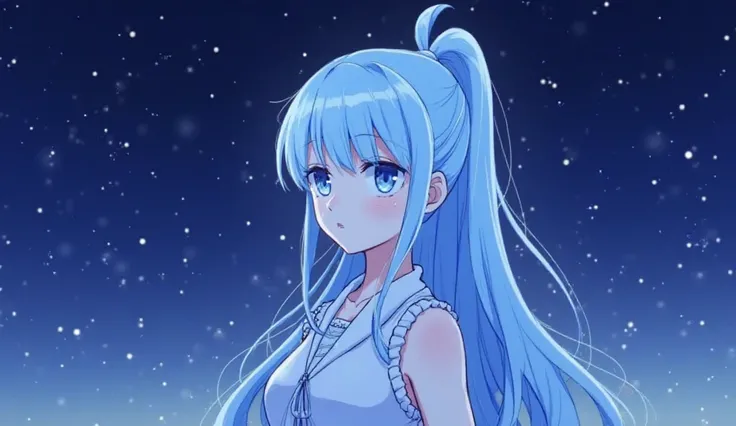 1 girl, solo, High Resolution, long hair, Blue Hair/light blue hair tied at the top,  natural perm,  blue eyes, fuzzy expression,  standing picture,  wide angle shot,  displayed sideways, anime style, background night sky 