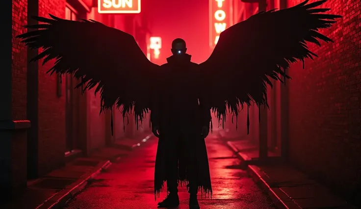 A sinister urban alley at midnight, drenched in deep red and black tones. The shadowy figure of a man stands alone, his silhouette sharper, more menacing. Behind him, large tattered wings stretch out, dripping with darkness, blending into the night. The ne...