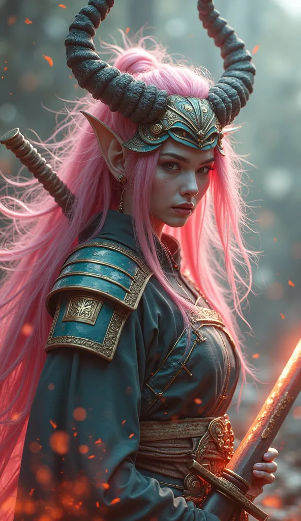 (Highest quality,4K,8k,High Resolution,masterpiece:1.2), 超High Resolution, (realistic,photorealistic,photo-realistic:1.37), terrifying pale pink demon girl with the appearance of a  samurai, with a beautiful face and slender body, has a sword. Satanic,  sa...